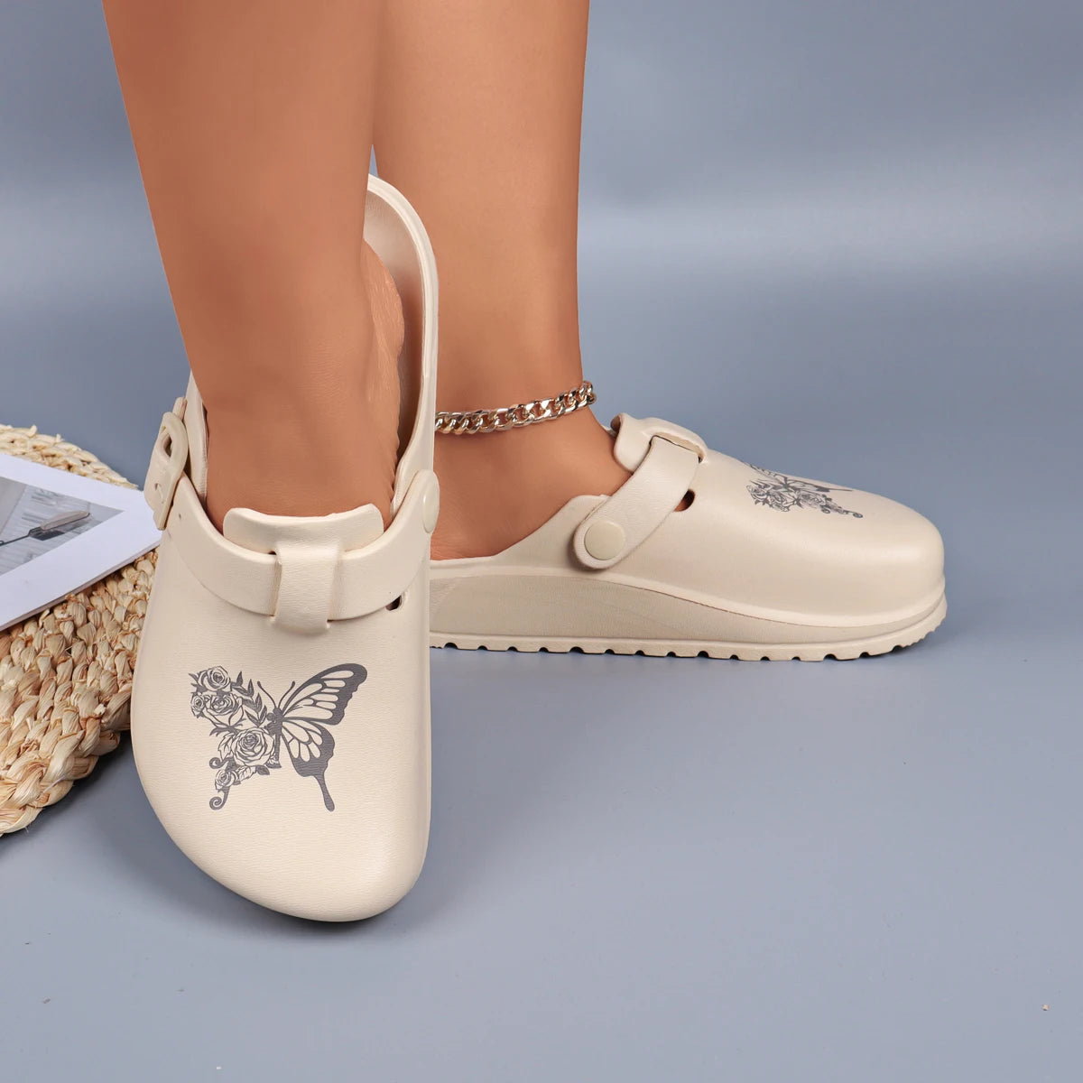 Designer EVA Slippers for Women Flat Sandals Non-Slip Clogs Butterfly & Rose Print Home Shoes