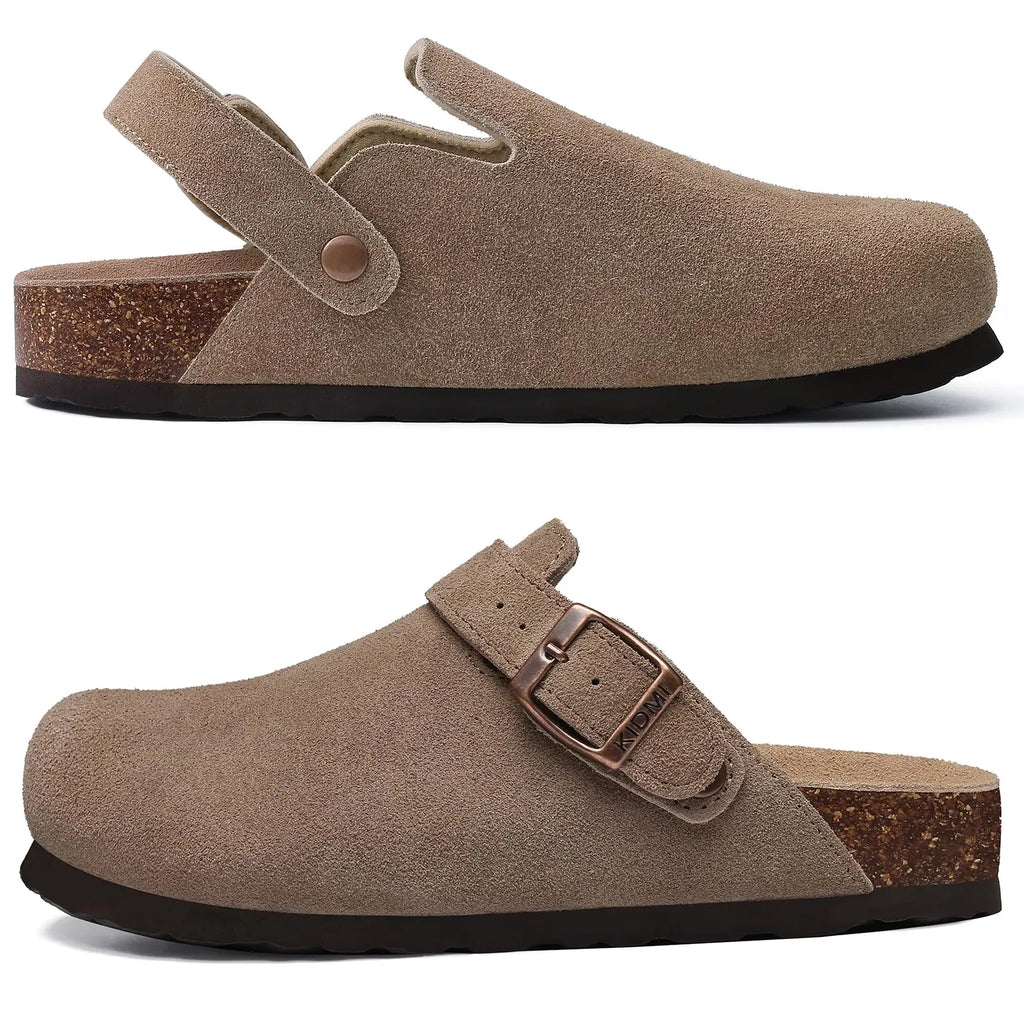 2026 Women Suede Clogs With Adjustable Buckle Cork Leather Mules Comfortable Slip on Women Slippers Outdoor Cork Clogs