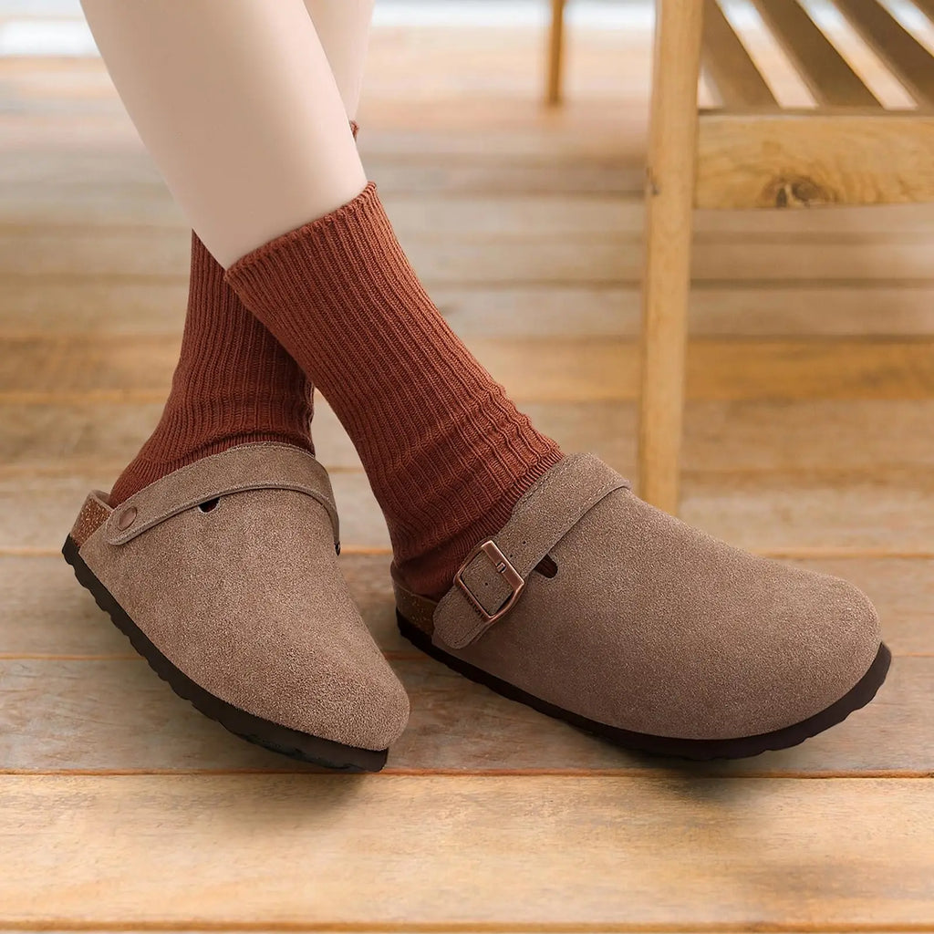 Crestar Women's Suede Clogs Lady Fashion Buckle Leather Mules Comfort Cork Footbed Potato Shoes with Arch Support Beach Sandal