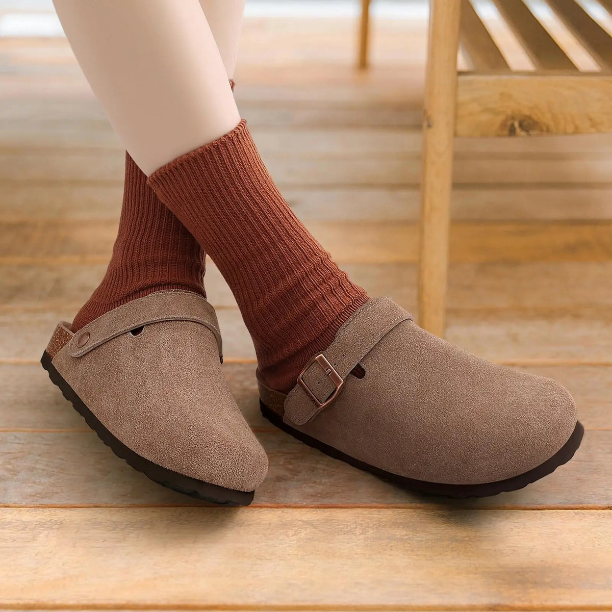 Crestar Women's Suede Clogs Lady Fashion Buckle Leather Mules Comfort Cork Footbed Potato Shoes with Arch Support Beach Sandal