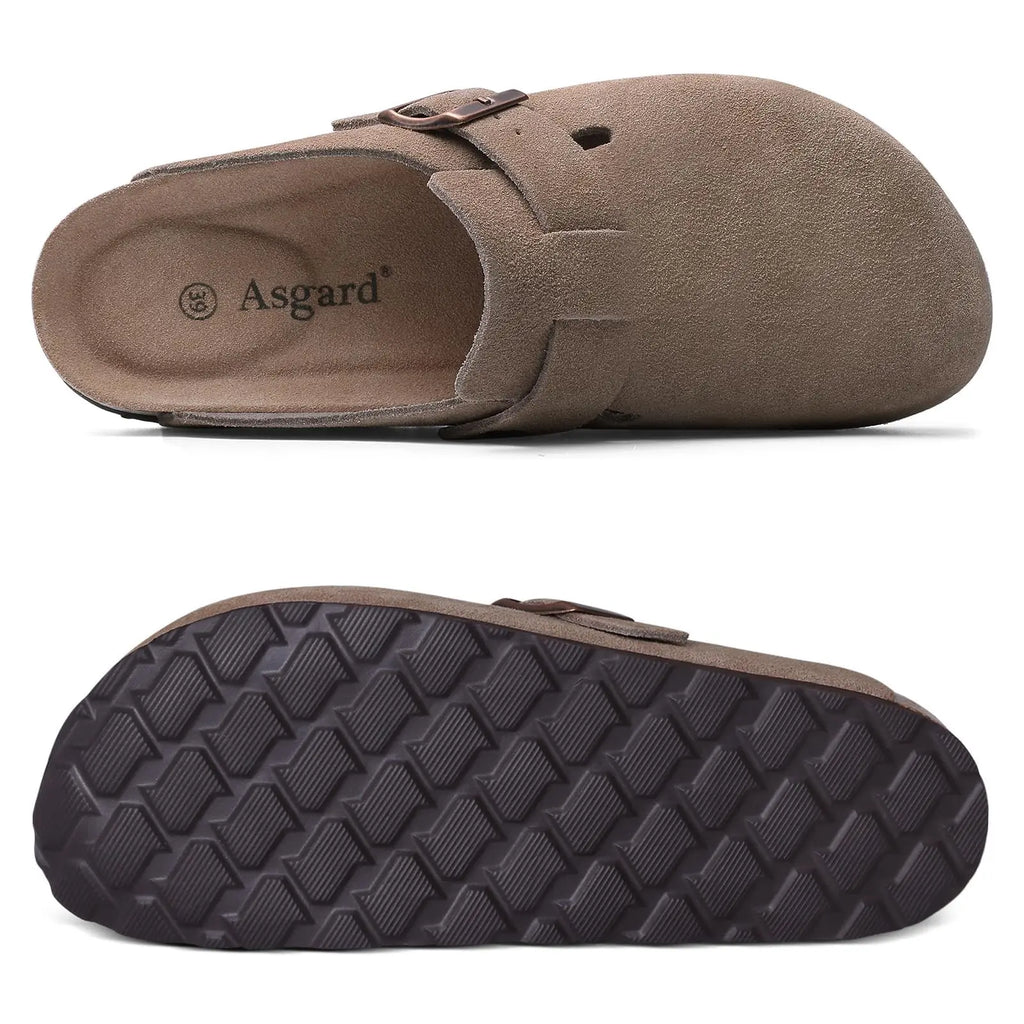 Crestar Women's Suede Clogs Lady Fashion Buckle Leather Mules Comfort Cork Footbed Potato Shoes with Arch Support Beach Sandal